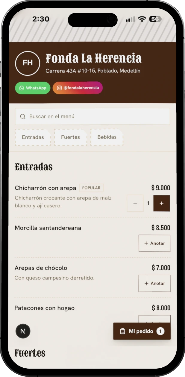Ejemplo de menú con portada y color propios